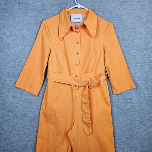 House Of Sunny Orange Belted Button Up Jumpsuit With Collar 3/4 Sleeves Size 4 - Picture 6 of 13